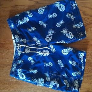 Chaps Mens Swim Trunks. Navy Blue Pineapple Print. Size XL.